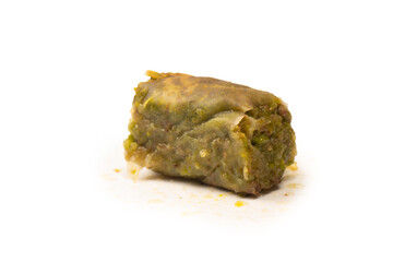 Turkish pistachio baklava isolated on white background.