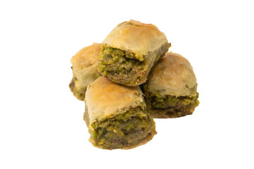 Turkish pistachio baklava isolated on white background.
