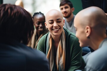 Obraz premium Empowering Presence: Bald Woman Leading and Connecting with Group