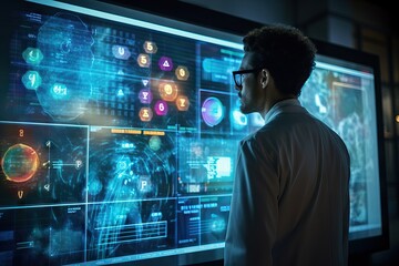 Fototapeta premium Tech-Ready Professional: Man Engaged in Front of Computer Screen