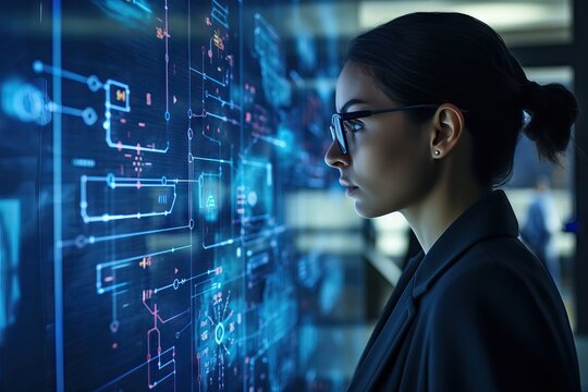 Analytical Insight: Woman in Glasses Studies Wall of Data
