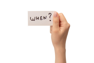 When text on a card in a woman hand isolated.