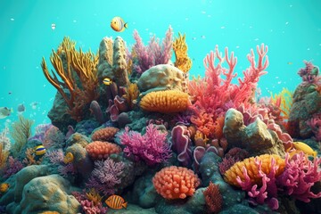 Fototapeta na wymiar Corals and sponges surround a healthy tropical coral reef