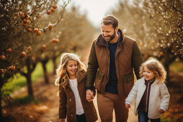 Family Walking in an Orchard, Thanksgiving, natural light, affinity, bright background Generative AI