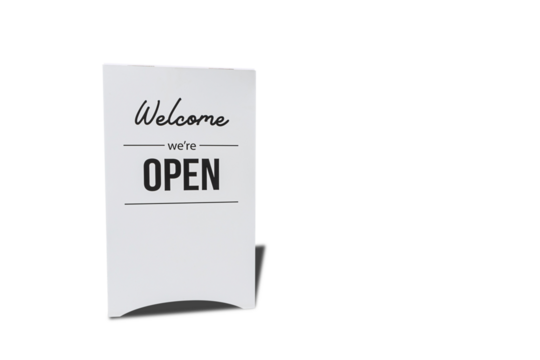 text on vintage white sign " welcome we' are Open" in cafe isolated on white background.PNG	
