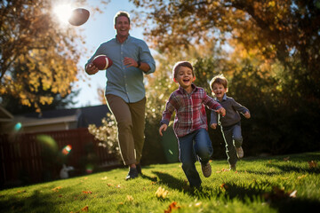 Family Playing Flag Football in the Yard, Thanksgiving, natural light, affinity, bright background Generative AI - obrazy, fototapety, plakaty
