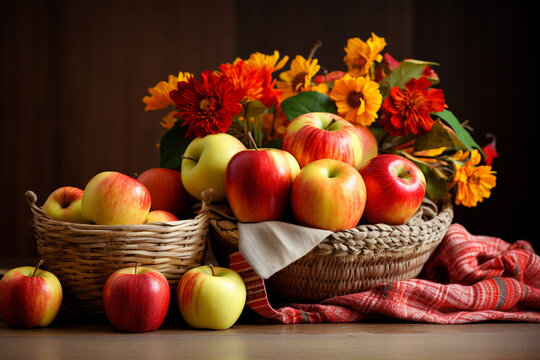 Harvest-themed Still Life with Apples and Gourds, Thanksgiving, natural light, affinity, bright background Generative AI