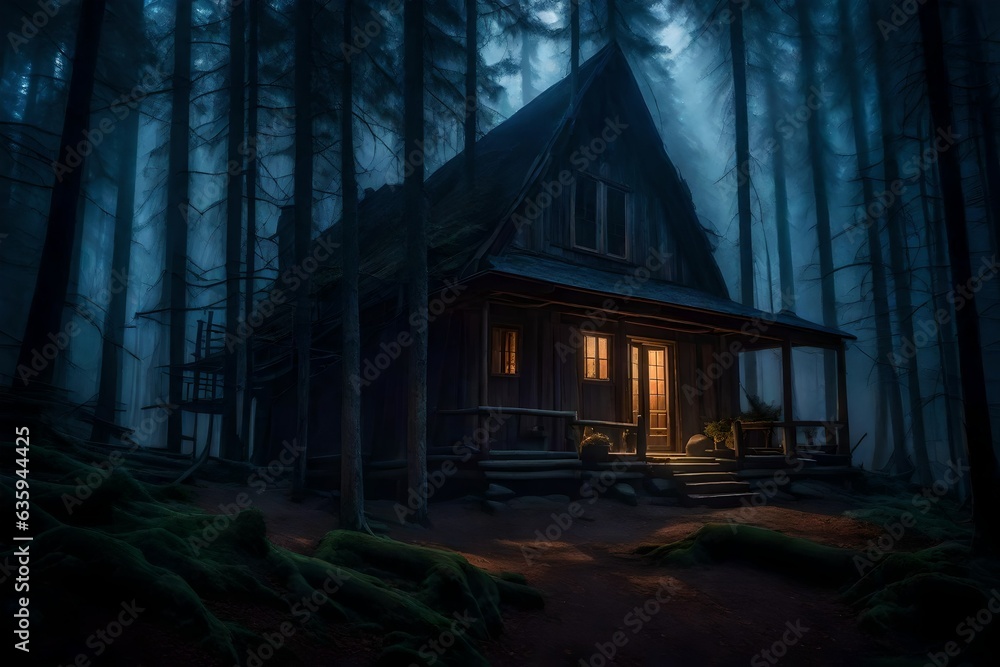 Poster in the heart of an enchanted jungle, a cascading waterfall frames an old rustic cabin - ai generativ