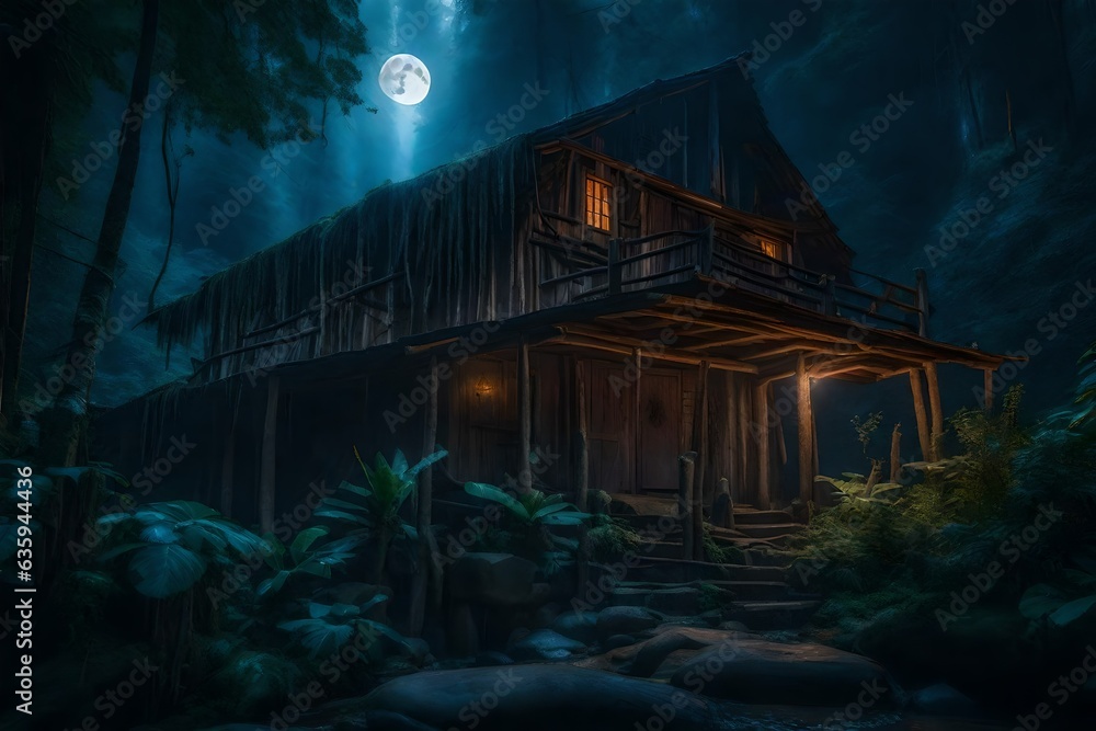 Poster in the heart of an enchanted jungle, a cascading waterfall frames an old rustic cabin - ai generativ