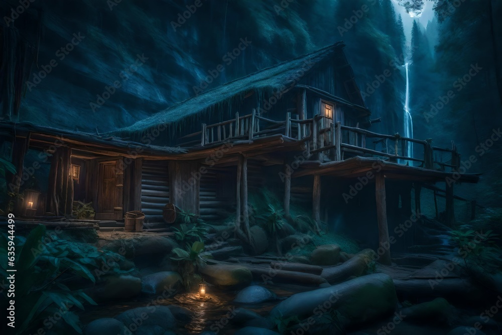 Poster in the heart of an enchanted jungle, a cascading waterfall frames an old rustic cabin - ai generativ