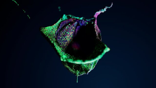 Abstract particles colliding drops splash. 3d animation. Macro shot.