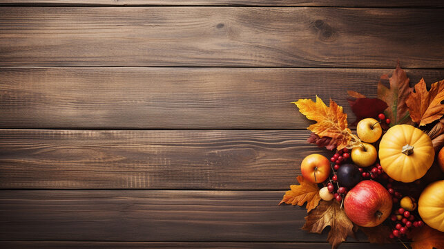 Rustic Wooden Table Set for Thanksgiving Feast, Thanksgiving background, wide banner with copy space area Generative AI