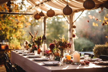 Fototapeta na wymiar Outdoor Feast Under a Festive Canopy, Thanksgiving, natural light, affinity, bright background Generative AI