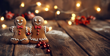 Two gingerbread men decorated with white icing and red bow ties standing upright on a wooden table, with a background of Christmas lights.