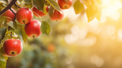 Sunlit Orchard with Trees Full of Apples, Thanksgiving background, wide banner with copy space area Generative AI