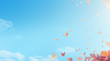 Autumn Leaves Falling against Blue Sky, Thanksgiving background, wide banner with copy space area Generative AI