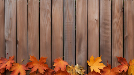 Fall Leaves Bordering a Wooden Fence, Thanksgiving background, wide banner with copy space area Generative AI