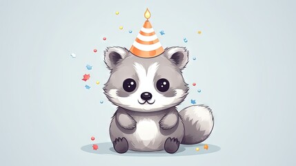  a raccoon with a party hat sitting on the ground.  generative ai