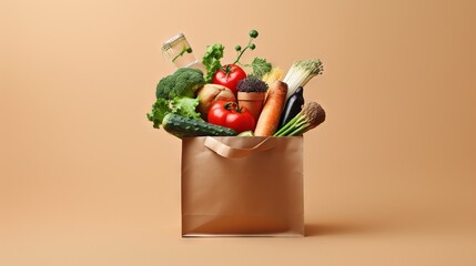  a brown paper bag filled with assorted vegetables and fruits.  generative ai