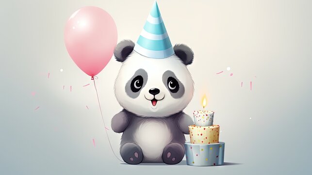  a panda bear with a party hat and a birthday cake.  generative ai