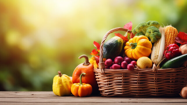 Harvest Vegetables Arranged in Wicker Baskets, Thanksgiving background, wide banner with copy space area Generative AI