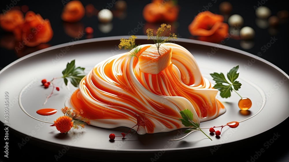 Poster a plate with a fancy dessert on it on a table. generative ai