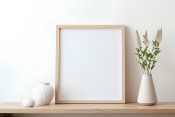 Mock up poster frame in modern beige home interior, Scandinavian style. generative AI