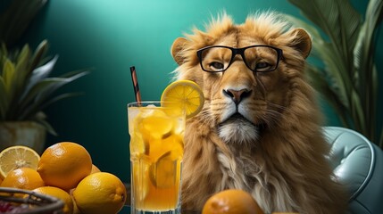 Lion with cold lemonade. Terrible predator drinking mojito and iced tea, creative representatives of the panther family businessman animal. Concept: cafe with creative advertising for summer drinks