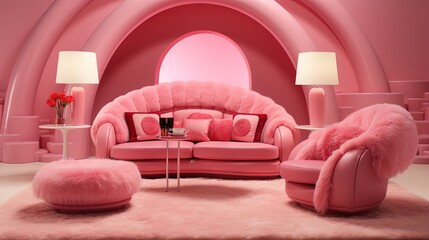  a living room with a pink couch and chair in it.  generative ai