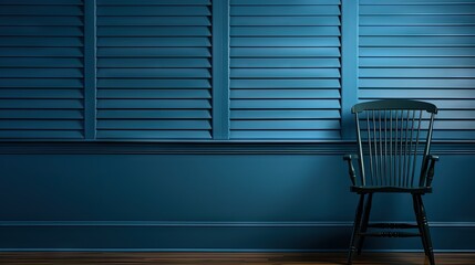  a chair sitting in front of a blue wall with shutters.  generative ai