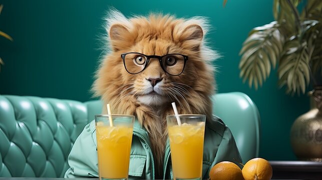 Lion with cold lemonade. Terrible predator drinking mojito and iced tea, creative representatives of the panther family businessman animal. Concept: cafe with creative advertising for summer drinks