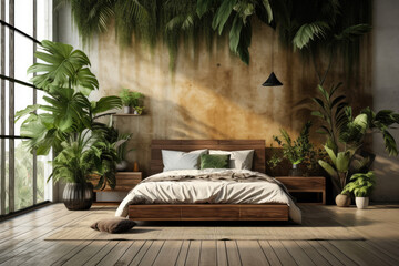 Modern bedroom with wooden floor and big windows, tropical plants Generative AI
