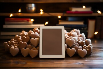 E reader positioned on wood desk with a heart shaped decorative element Generative AI