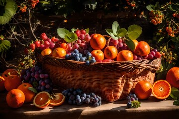 rustic straw basket with freshly picked fruit placed in a garden - AI Generative