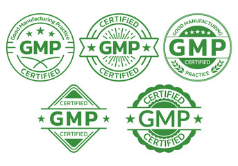 GMP certified icon or label set. Good Manufacturing Practice logo, stamp or seal. High quality symbol. Vector illustration.