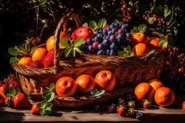 Naklejka na ściany i meble rustic straw basket with freshly picked fruit placed in a garden - AI Generative