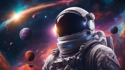 Large portrait of an astronaut wearing a helmet with black impenetrable glass against a background of starry nebulae and planets of the cosmos