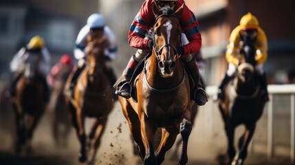 Two jockeys compete to win the race. Horse racing. - obrazy, fototapety, plakaty