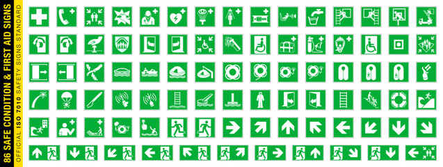 Full set of 86 isolated Safe condition and first aid symbols on green board. Official ISO 7010 safety signs standard.