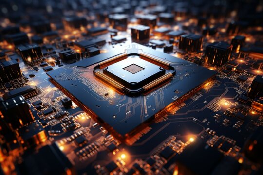Processor integrated into circuit board, facilitating complex electronic functions with interconnected pathways Generative AI