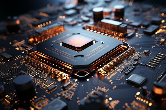Central processor on circuit board orchestrates intricate electronic pathways and functionalities Generative AI