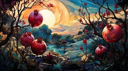Obraz na płótnie Canvas a painting of pomegranates hanging from a tree. generative ai