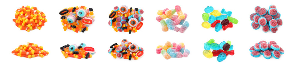 Piles of chewy candies for Halloween isolated on white. Collage with top and side views