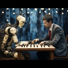 Man playing chess against a robot