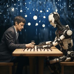 Man playing chess against a robot