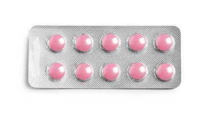 Pink pills in blister isolated on white, top view
