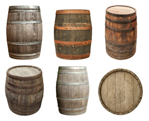 Fototapeta premium Different wooden barrels isolated on white, top and side views. Collage design