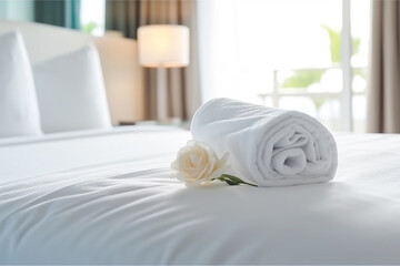 Fototapeta na wymiar White towel on bedroom background