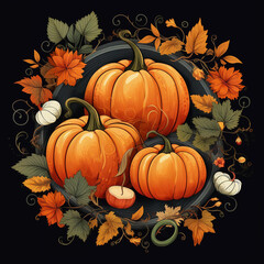 autumn leaves with pumpkins on a dark background. Perfect for textile, wedding, greeting card, pattern, texture and more
