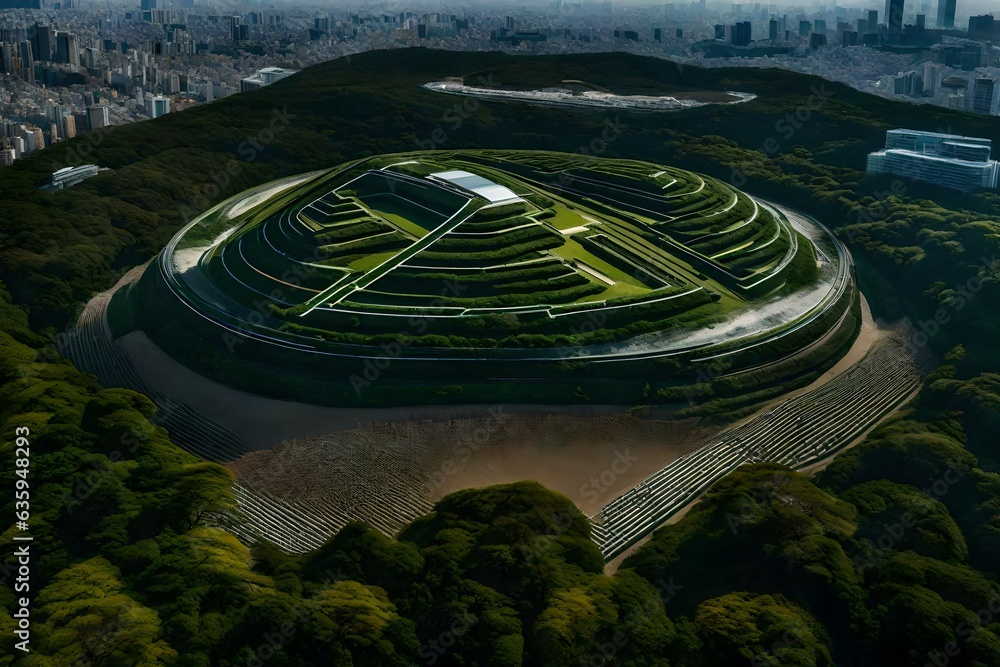Poster view from the sky of a massive architectural structure that fuses ancient burial mounds and pyramids